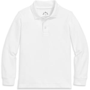 Primary Kids Long Sleeve Pique Polo – Soft Cotton Blend Uniform Shirt, Breathable Durable School Polo for Boys & Girls(White)