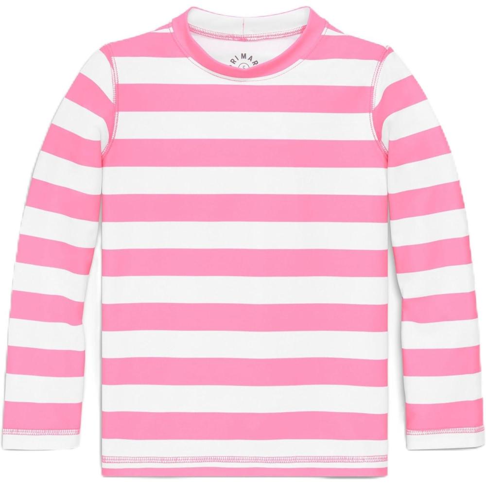 imagePrimary Kids Long Sleeve Rash Guard in Stripe UPF 50 Made with Recycled MaterialsPink Lemonade White Stripe