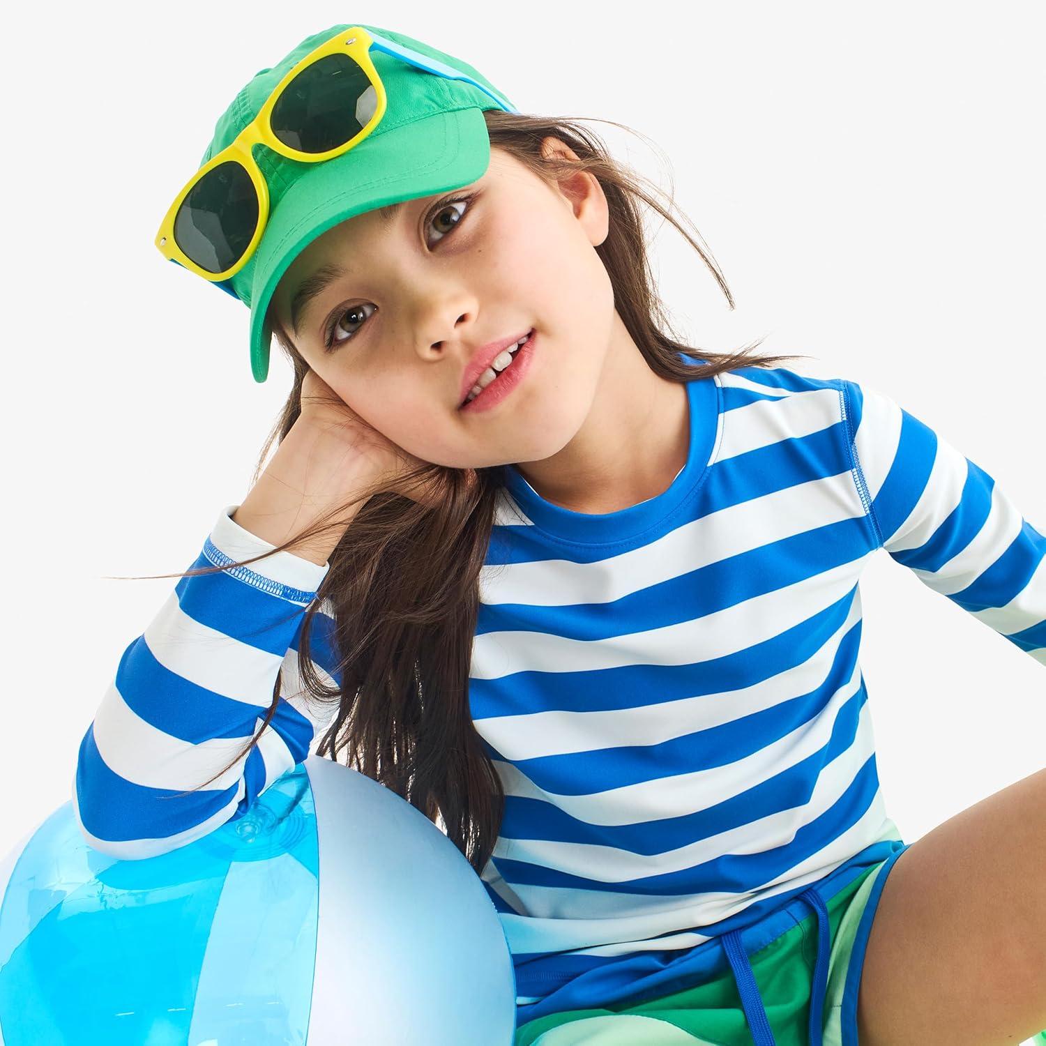 imagePrimary Kids Long Sleeve Rash Guard in Stripe UPF 50 Made with Recycled MaterialsBlueberry White Stripe