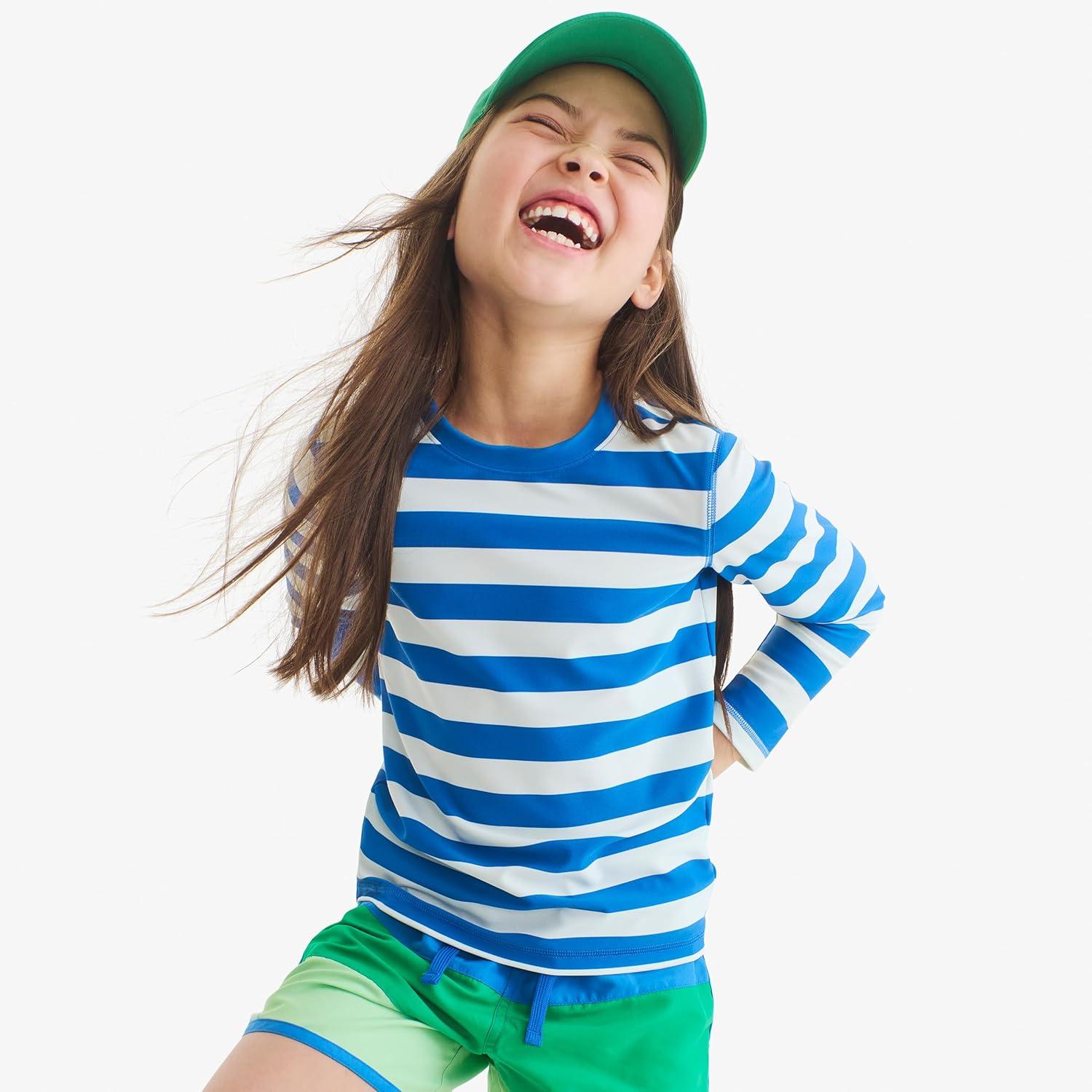 imagePrimary Kids Long Sleeve Rash Guard in Stripe UPF 50 Made with Recycled MaterialsBlueberry White Stripe