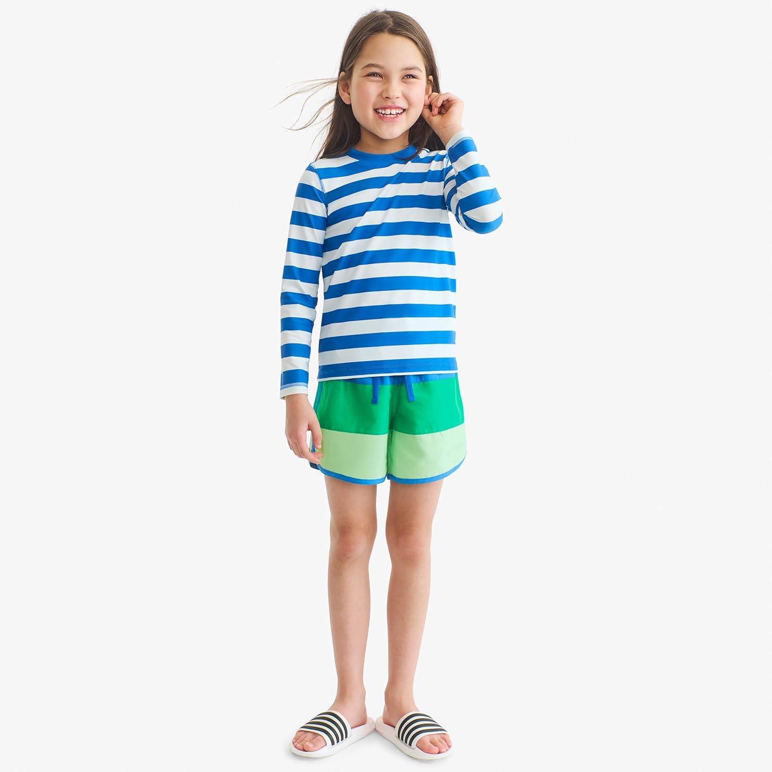 imagePrimary Kids Long Sleeve Rash Guard in Stripe UPF 50 Made with Recycled MaterialsBlueberry White Stripe