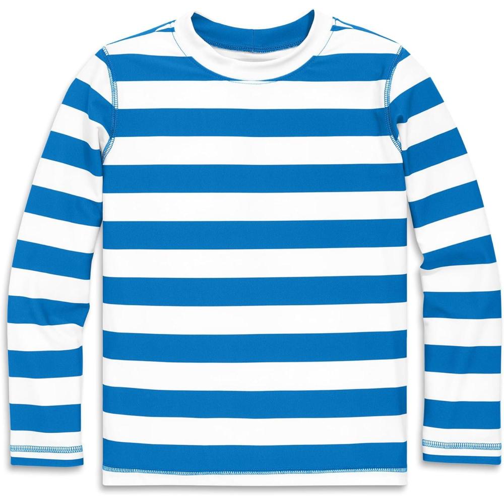 imagePrimary Kids Long Sleeve Rash Guard in Stripe UPF 50 Made with Recycled MaterialsBlueberry White Stripe
